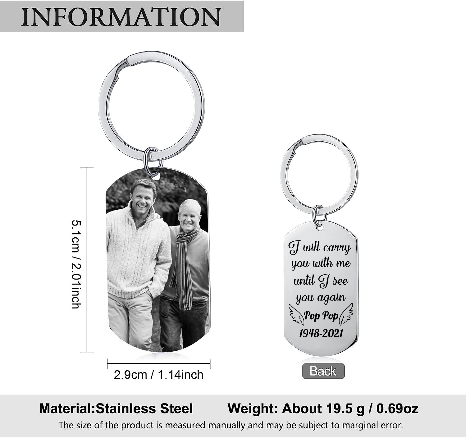 Personalised Memorial Photo Keychain Custom Name & Text Keychain Commemorate Deceased Loved Ones - I Will Carry You With Me Until I See You Again -Jessemade AU