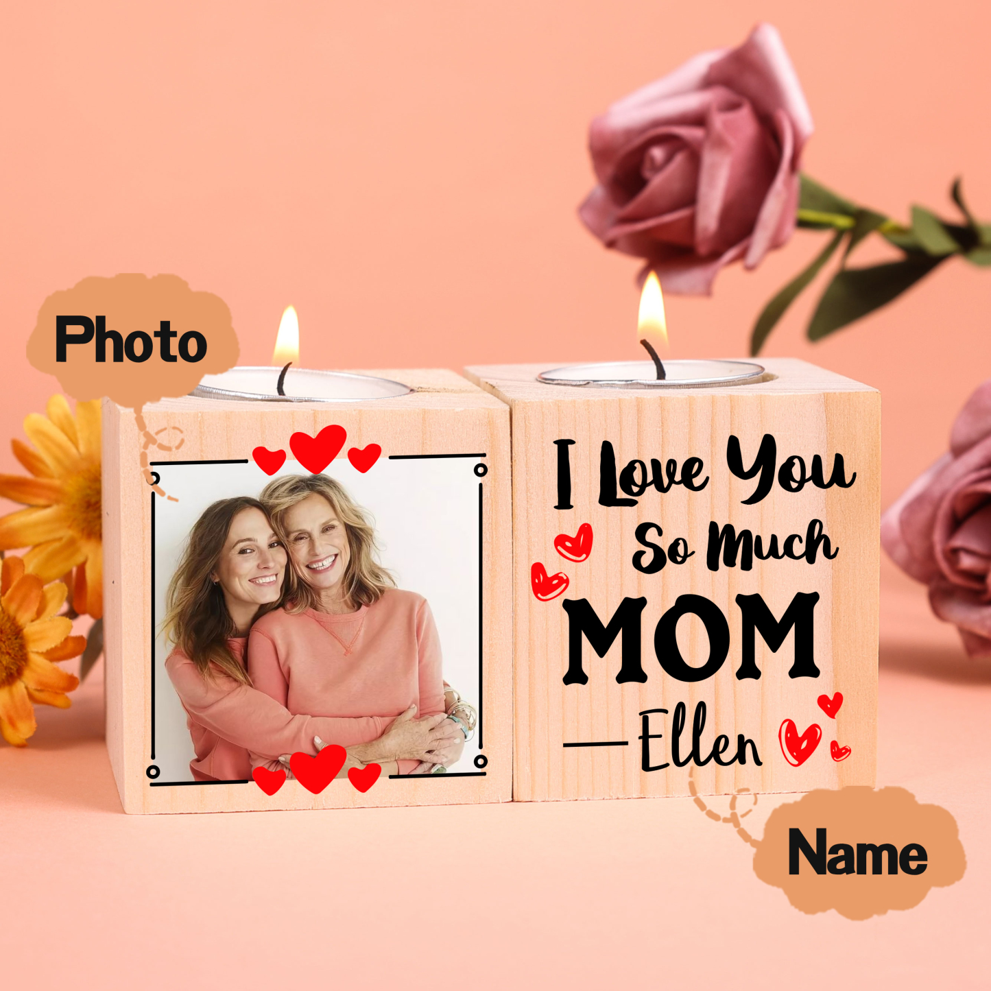 Personalised Photo Block Candle Holder I Love You So Much Wooden Candlesticks for Mother-Jessemade AU