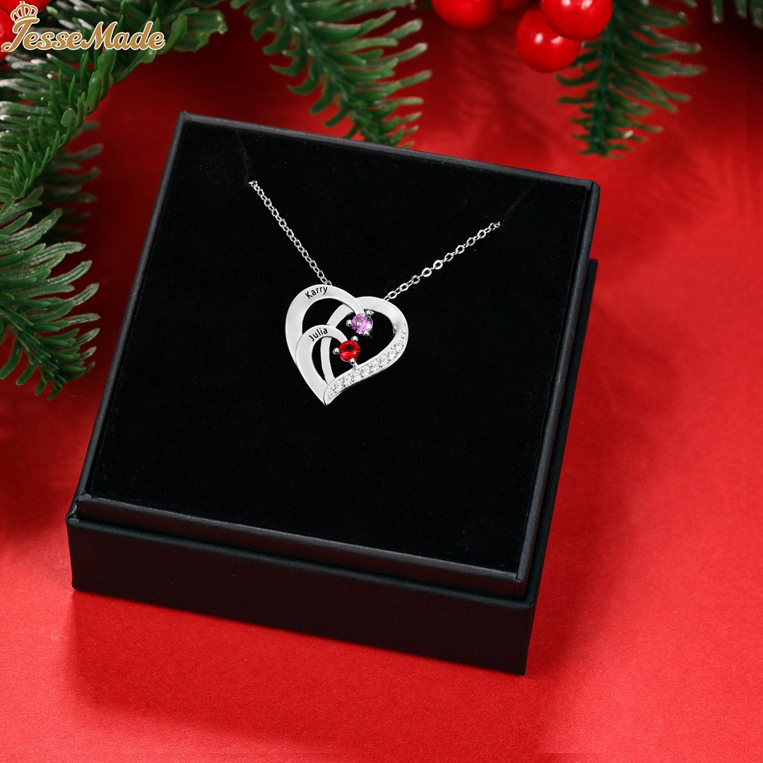 Personalised Mother Necklace 2 Stones Engraved 2 Names Birthstone Intertwined Heart Pendant Gifts for Her-Jessemade AU
