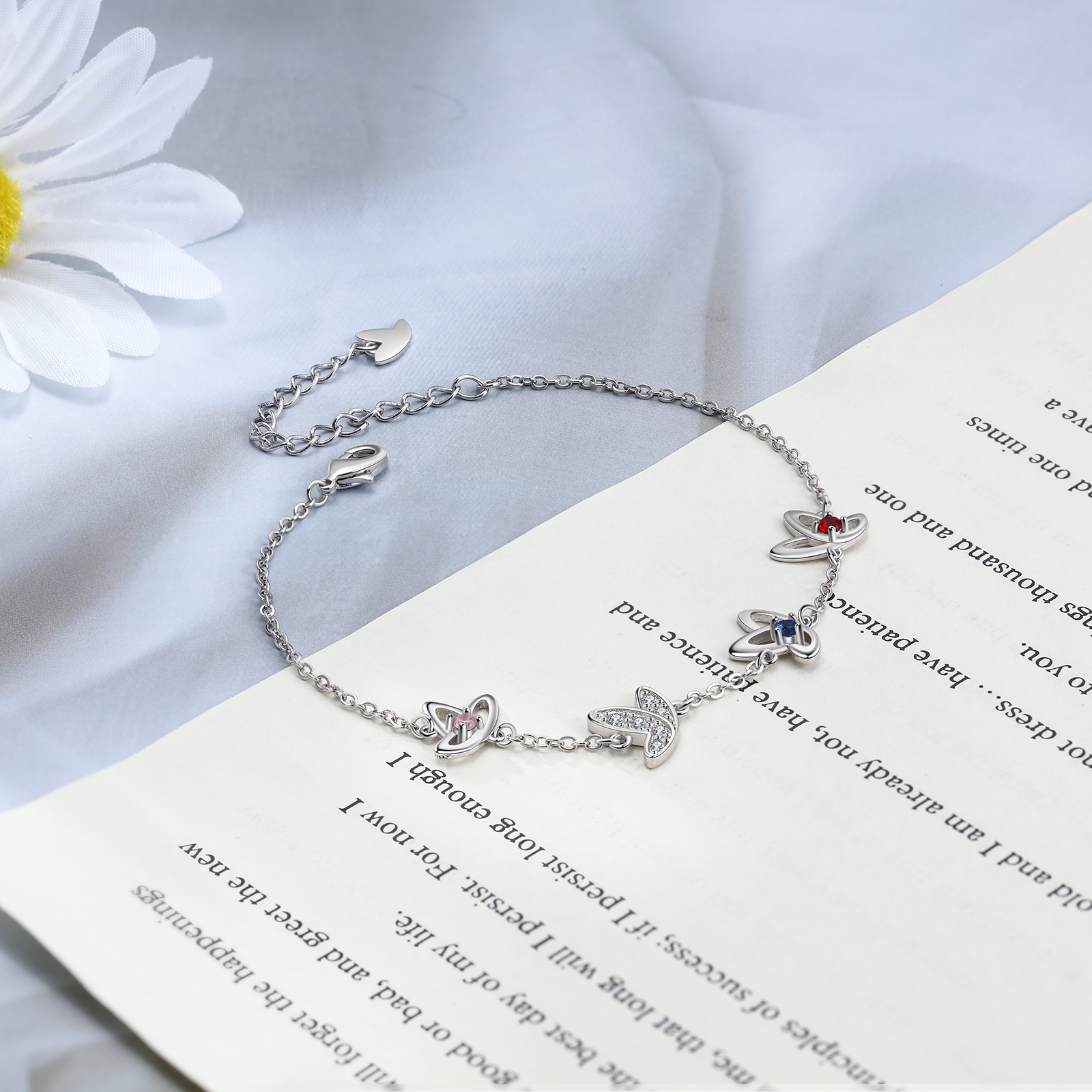 Personalised Butterfly Bracelet with 3 Birthstones Engraved Names Best Gift For Her-Jessemade AU
