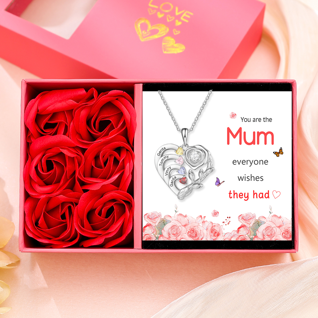 Personalised Mother Rose Necklace 4 Stones Engraved 4 Names Birthstone Intertwined Heart Pendant for Mum-Jessemade AU