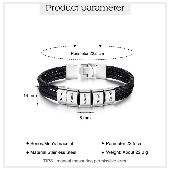 Personalised Braided Leather Bracelet Engraved 5 Names Men's Bracelet Gifts For Him-Jessemade AU