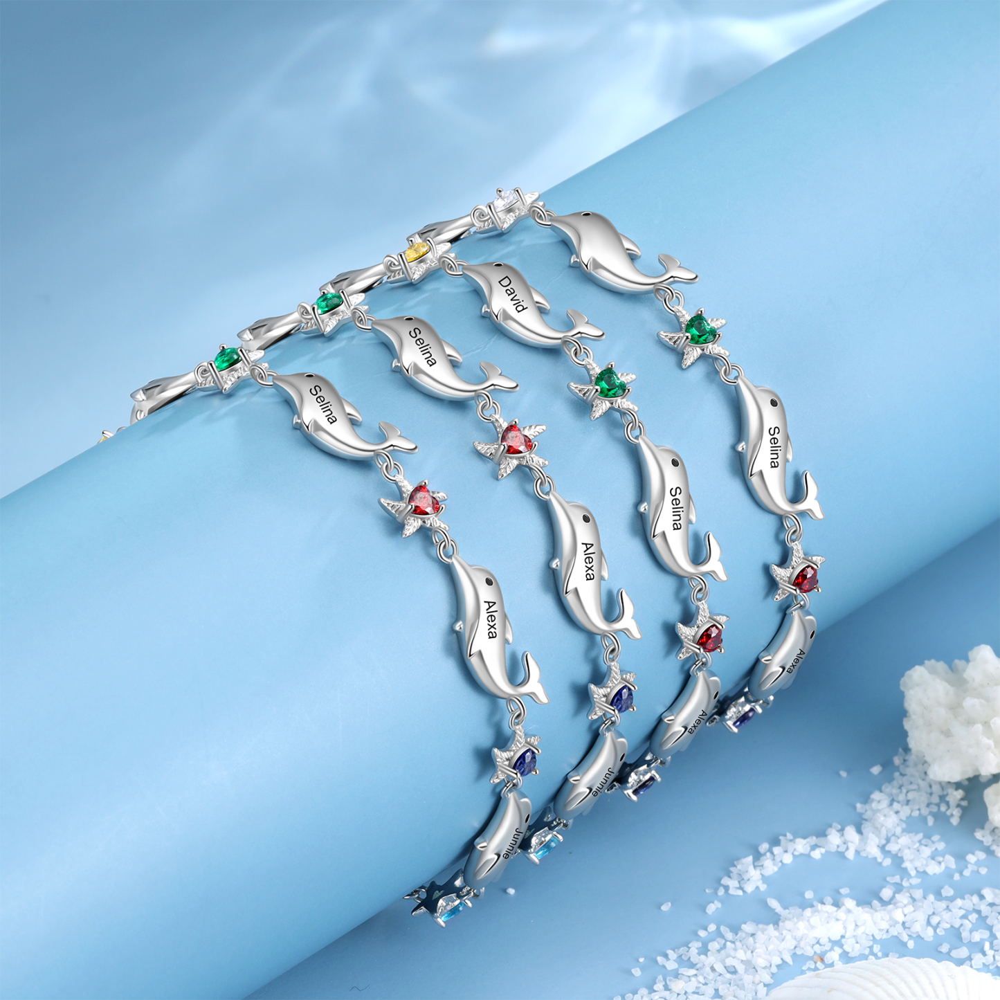 Animal Bracelet Personalised Dolphin Bracelet With 6 Birthstones Engraved Names Starfish Charm Gifts For Her-Jessemade AU