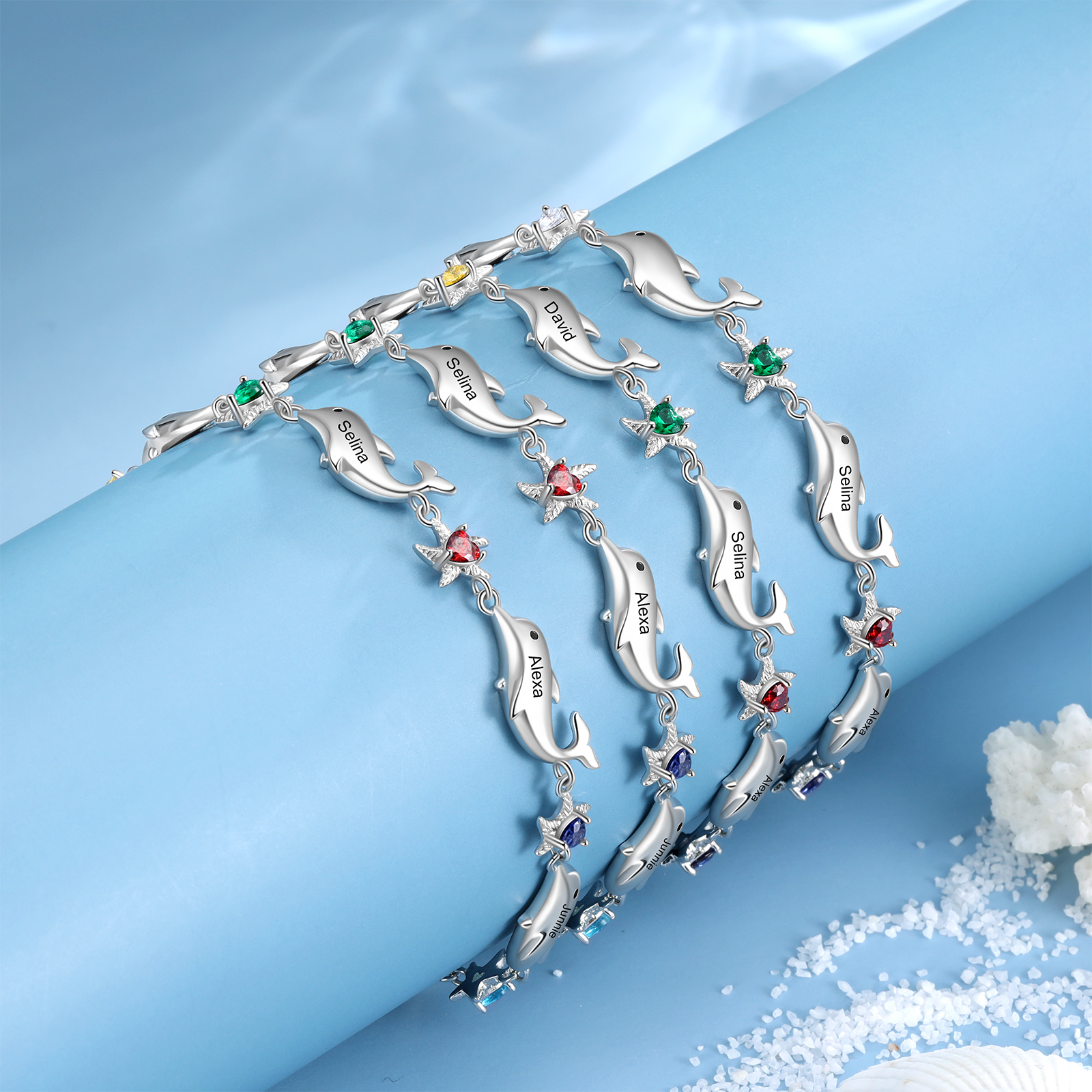 Animal Bracelet Personalised Dolphin Bracelet With 6 Birthstones Engraved Names Starfish Charm Gifts For Her-Jessemade AU