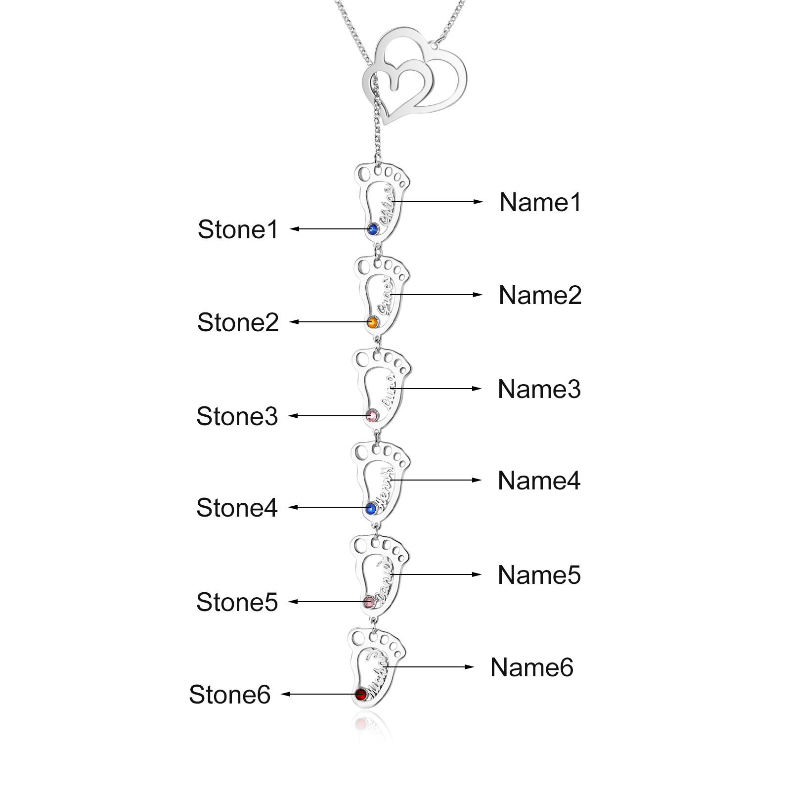Personalised Baby Foot Necklace With Birthstones Custom 6 Names Necklace Gift For Mother-Jessemade AU