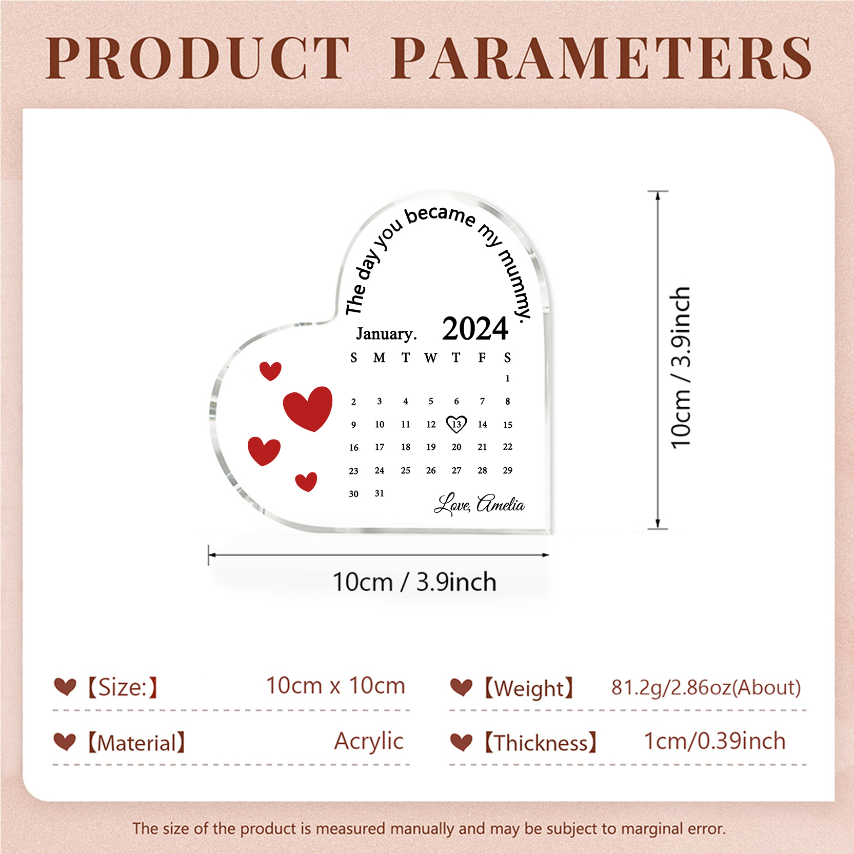 Personalised Acrylic Heart Keepsake Custom Date & Text Calendar Ornaments Gifts - The Day You Became My Mummy-Jessemade AU