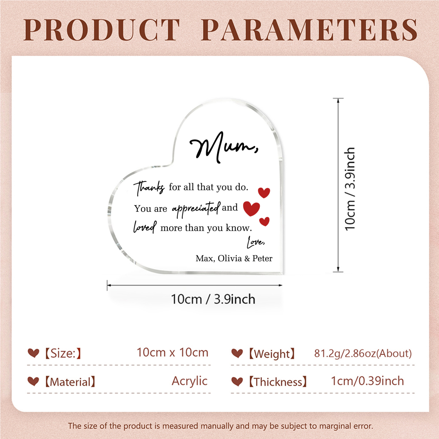 Personalised Acrylic Heart Keepsake Custom Text Ornaments Gifts - Mum, Thanks For All That You Do-Jessemade AU