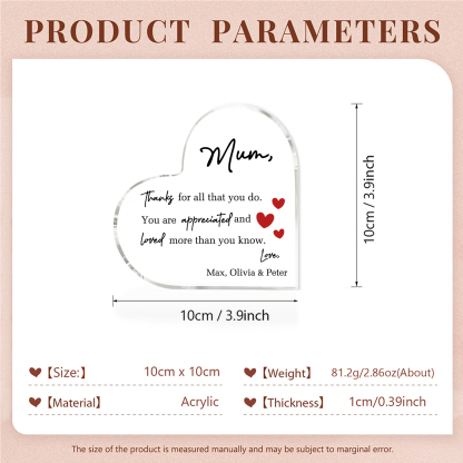 Personalised Acrylic Heart Keepsake Custom Text Ornaments Gifts - Mum, Thanks For All That You Do-Jessemade AU
