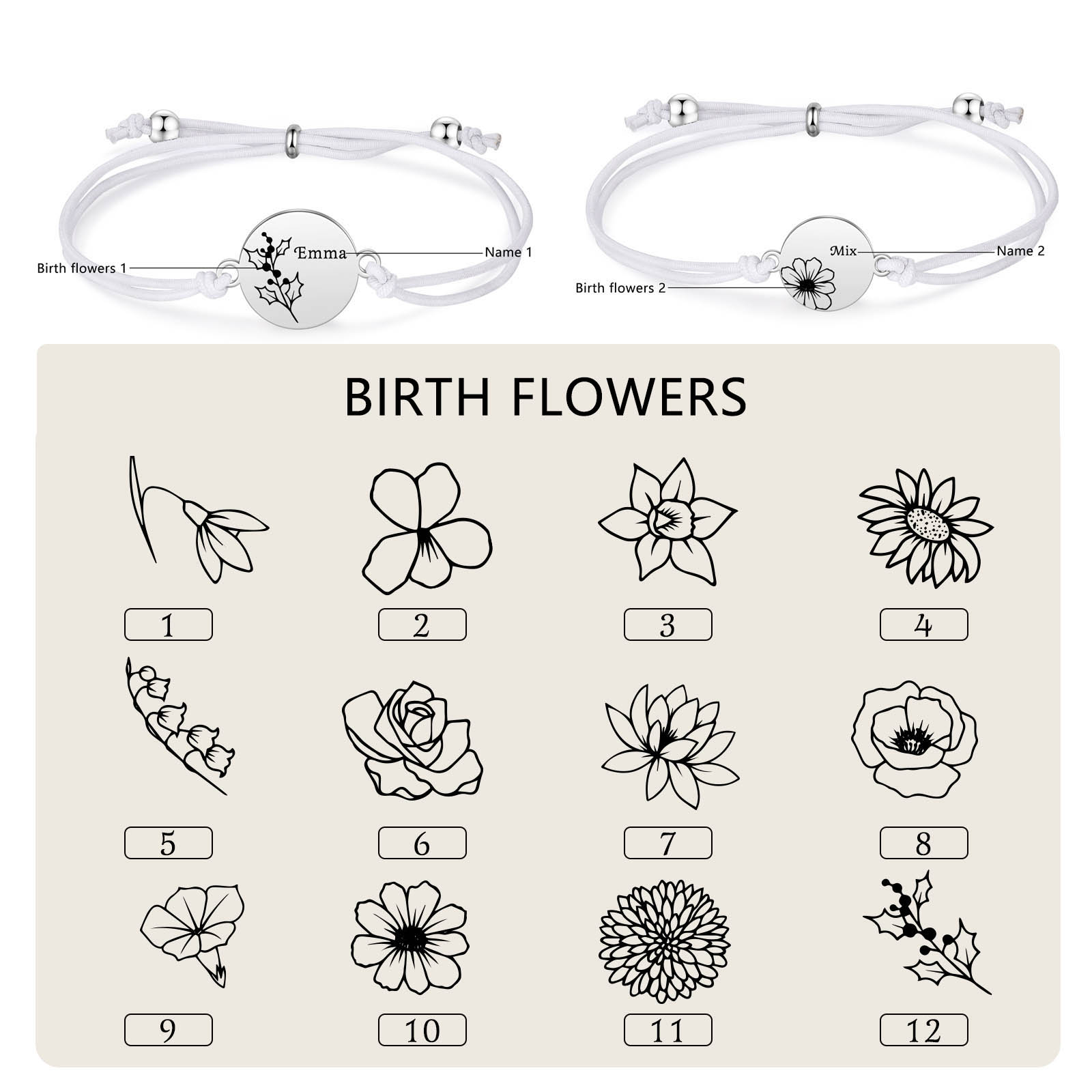 2 Pcs Bracelet Set Personalised Names & Birth Flowers Adjustable Bracelets with Message Card Back to School Gifts for Daughters-Jessemade AU