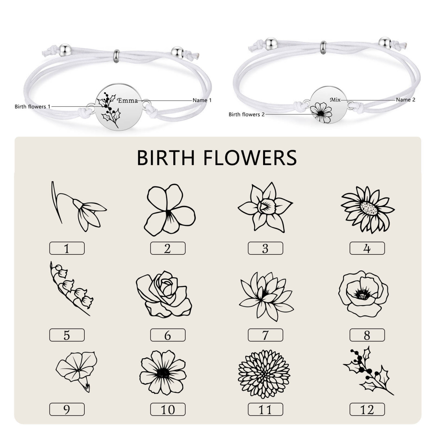 2 Pcs Bracelet Set Personalised Names & Birth Flowers Adjustable Bracelets with Message Card Back to School Gifts for Daughters-Jessemade AU