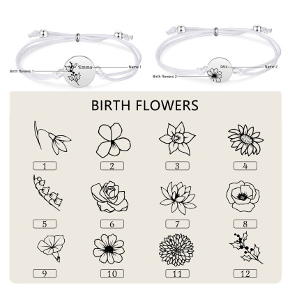 2 Pcs Bracelet Set Personalised Names & Birth Flowers Adjustable Bracelets with Message Card Back to School Gifts for Daughters-Jessemade AU