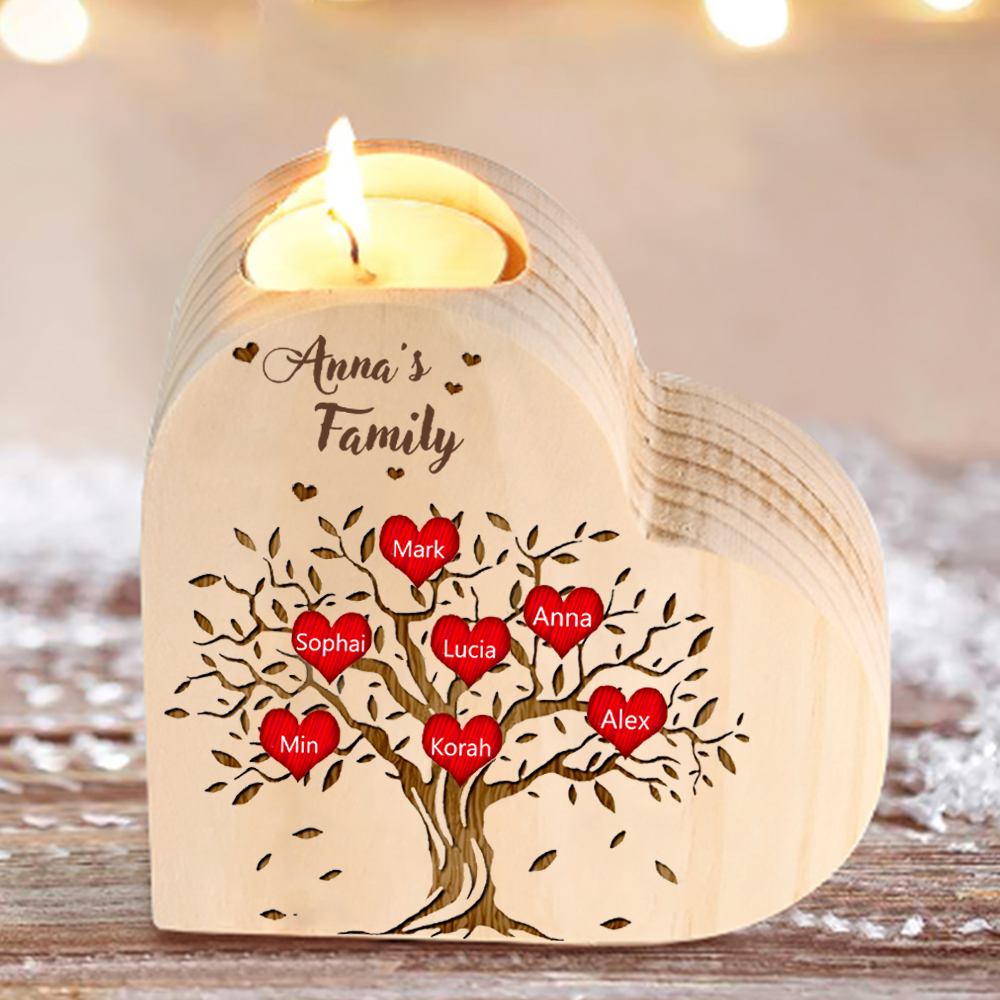 To My Family Wooden Heart Candle Holder Custom 7 Names Family Tree Candlesticks-Jessemade AU