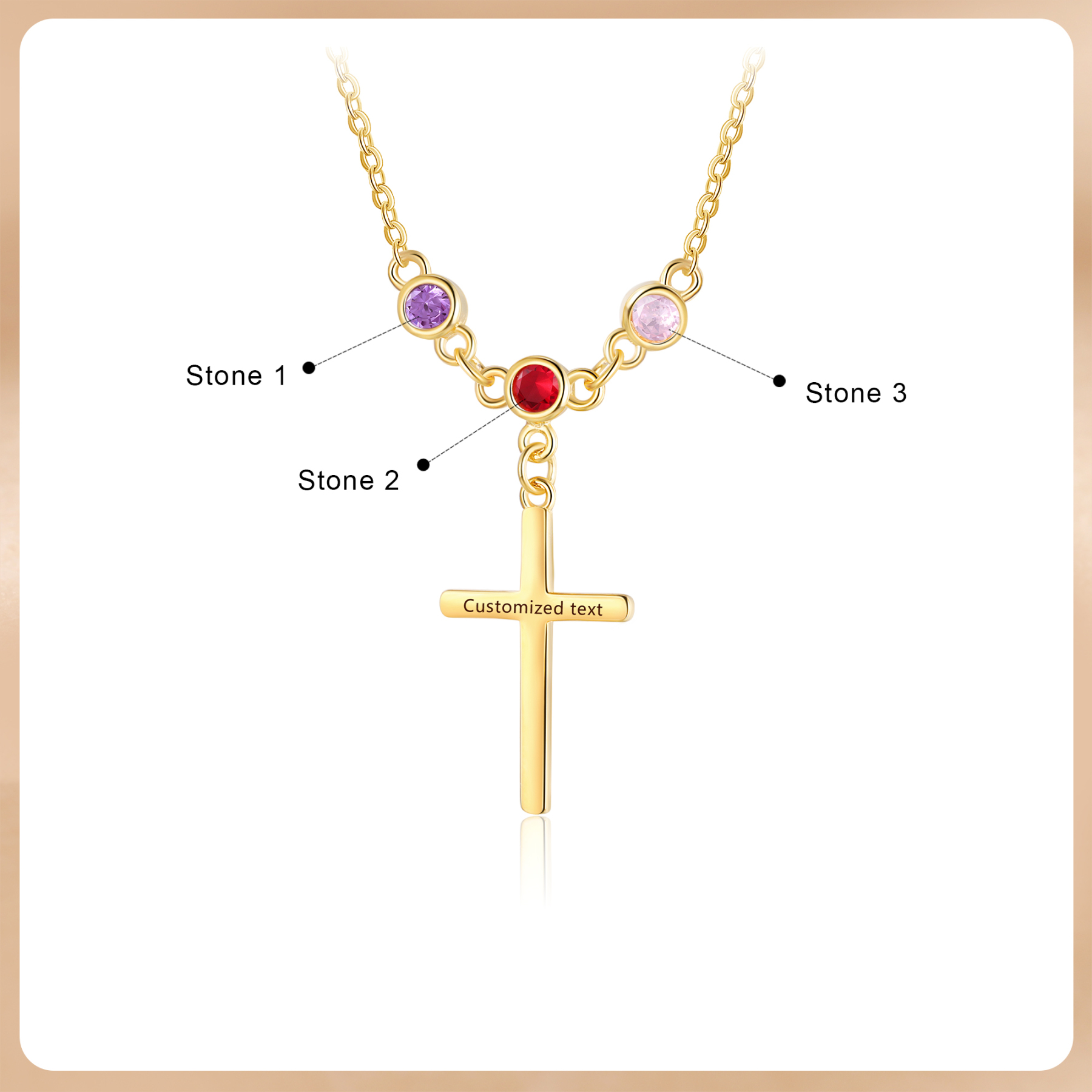 Personalised Cross Pendant Necklace Custom 3 Birthstones & 1 Text Necklace Birthday Gift for Her-Jessemade AU