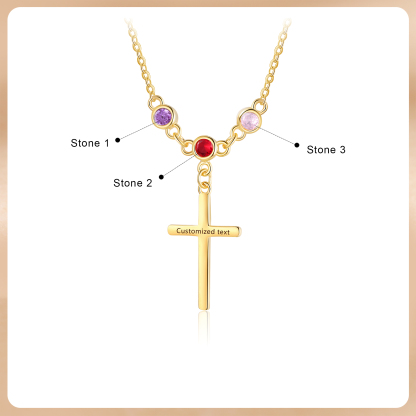 Personalised Cross Pendant Necklace Custom 3 Birthstones & 1 Text Necklace Birthday Gift for Her-Jessemade AU