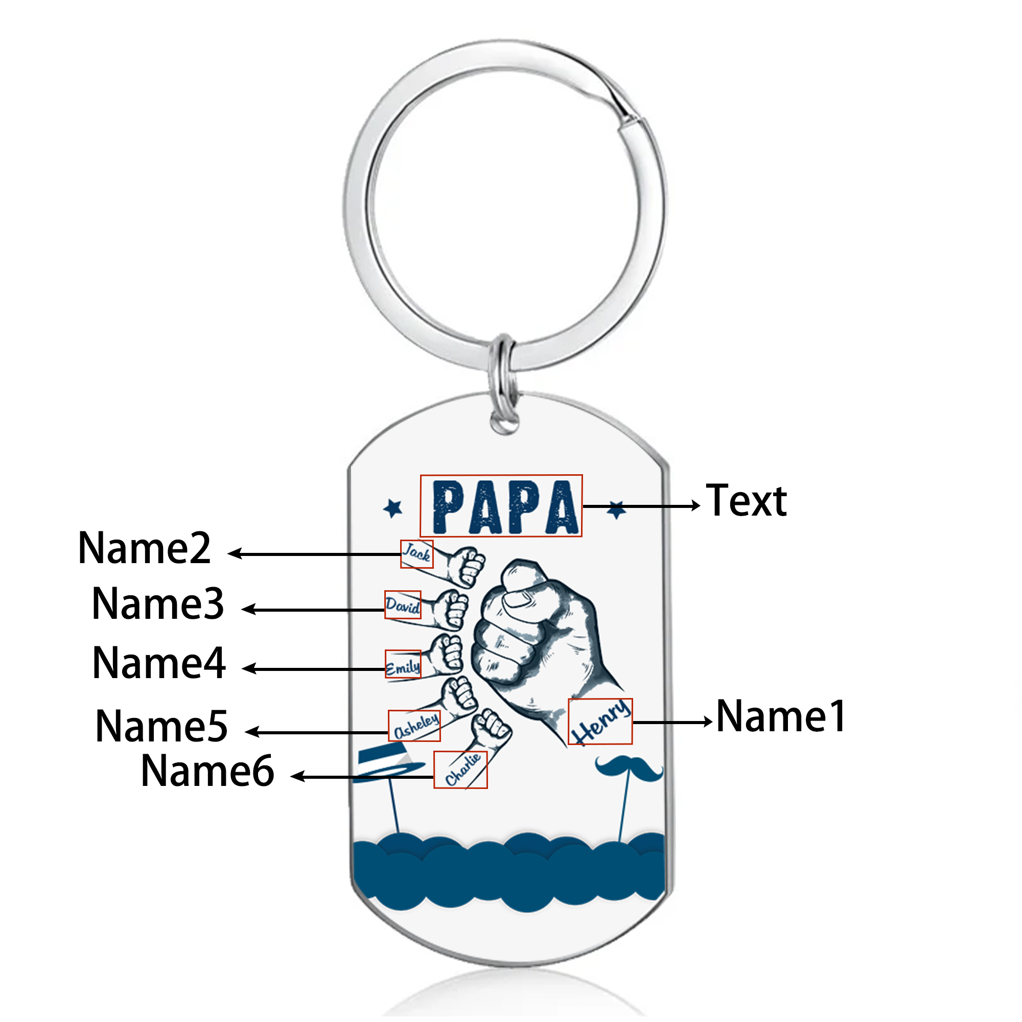 Personalised 6 Names & 1 Text Keychain Custom Fist Bump Keychain Father's Day Gifts for Dad/Grandpa-Jessemade AU