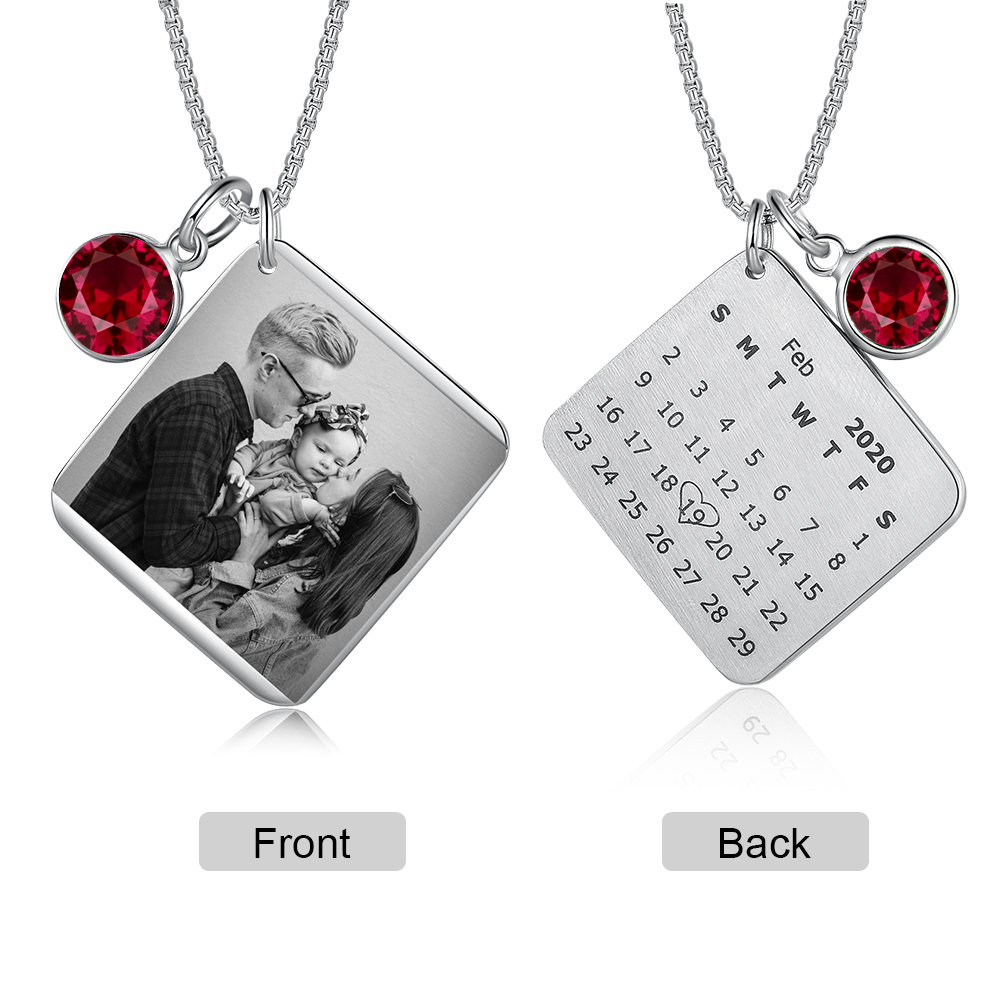 Personalised Calendar Tag Necklace With Birthstone Custom 1 Photo Gifts For Her-Jessemade AU