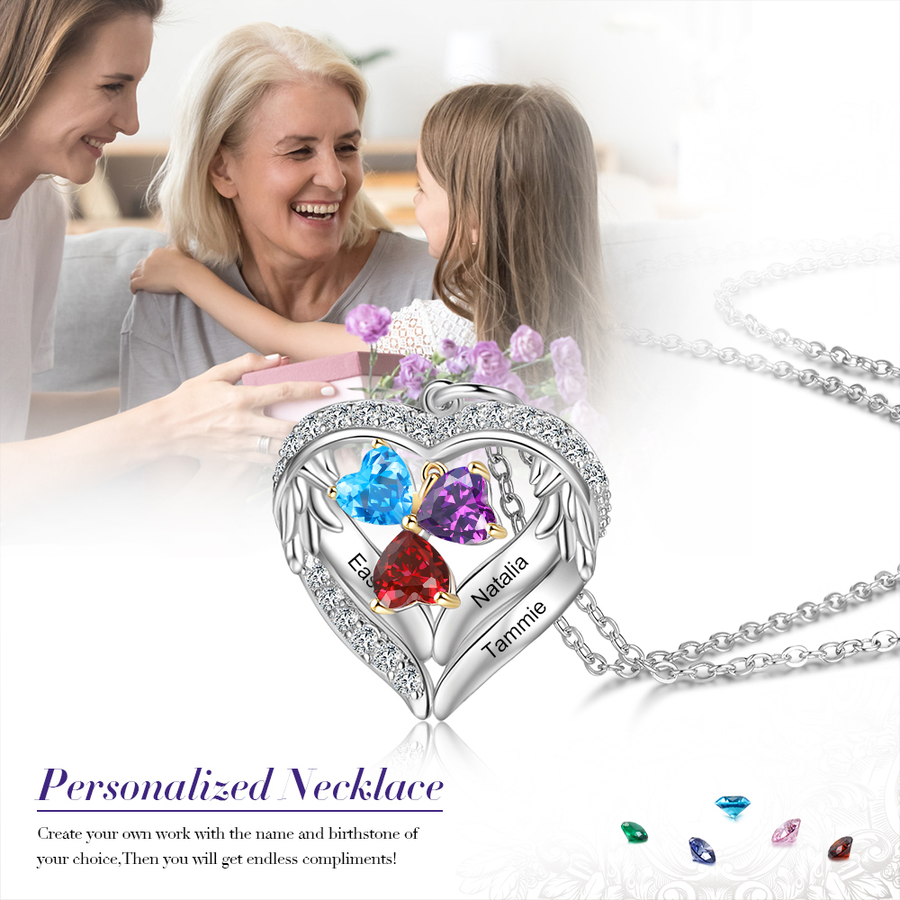 Personalised Wings Necklace With 3 Heart Birthstones Engraved Names Gift For Women-Jessemade AU