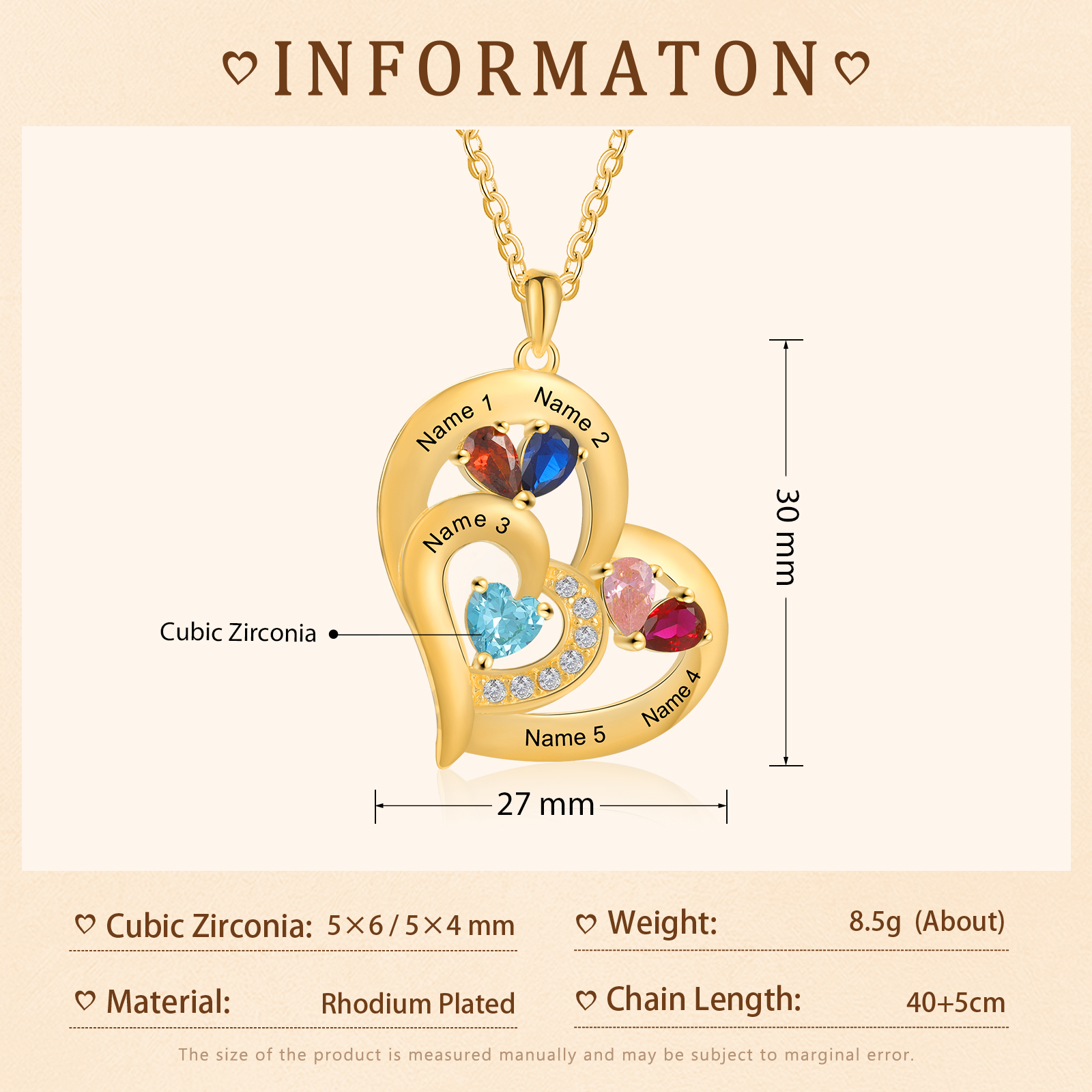 5 Names - Personalised Heart Pendant Necklace Customised Names & Birthstones Necklace Birthday Gift for Her-Jessemade AU