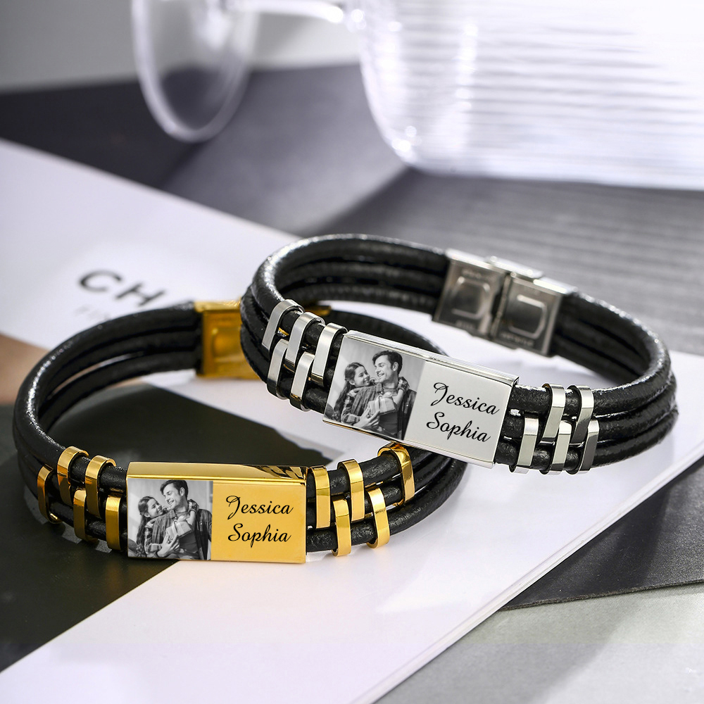 Personalised Leather Bracelet Custom Photo Initial ID Bar Men's Bracelet Bangle Gifts For Him-Jessemade AU