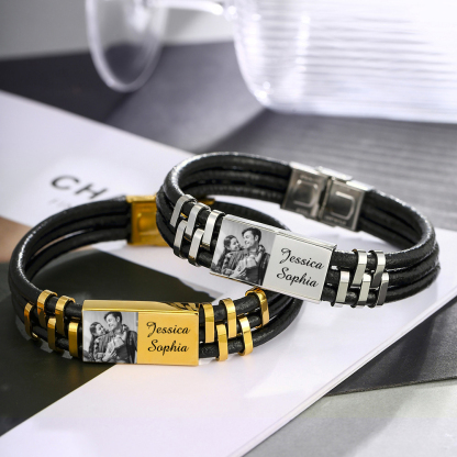 Personalised Leather Bracelet Custom Photo Initial ID Bar Men's Bracelet Bangle Gifts For Him-Jessemade AU