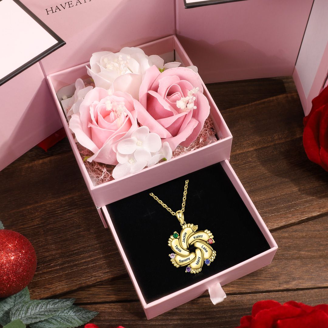 Baby Feet Necklace Custom 6 Birthstones Family Gifts Set for Mum