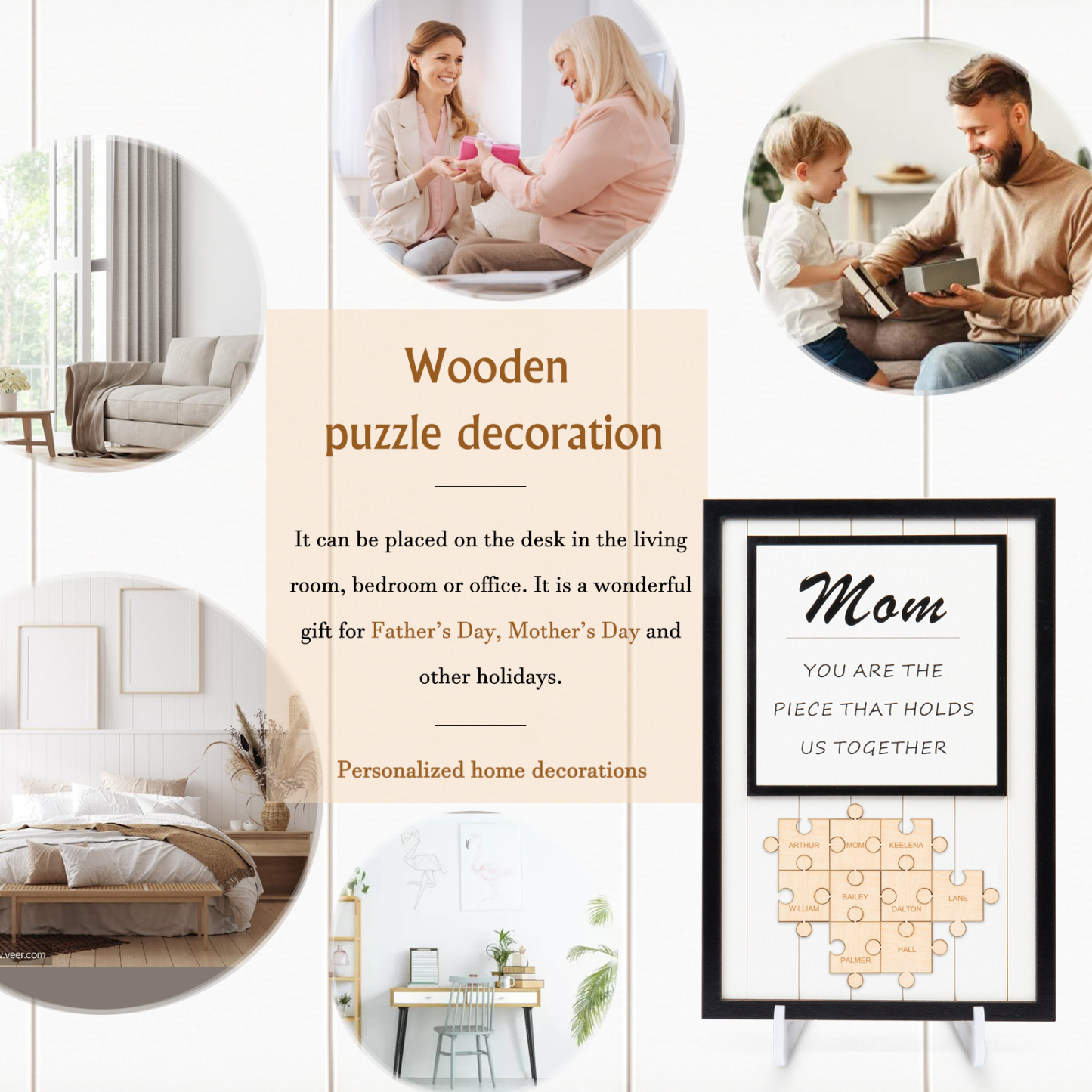 Mother's Day Gifts Mom Puzzle Sign Personalised 9 Names Wooden Sign -You Are the Piece that Holds Us Together-Jessemade AU