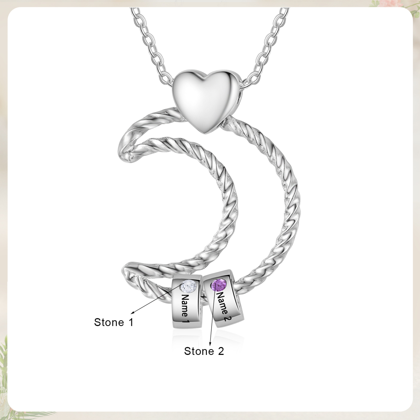 2 Names - Personalised Moon Pendant Necklace Custom Birthstones & Names Necklace Gift for Her-Jessemade AU