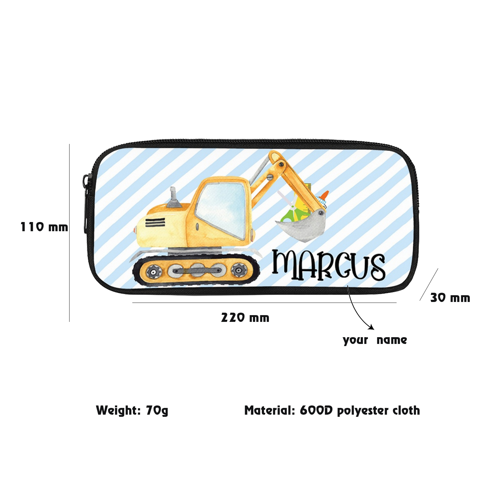 Personalised  Name Pencil Case Yellow Excavator Pen Bag Zipper Back to School Gifts for Student-Jessemade AU