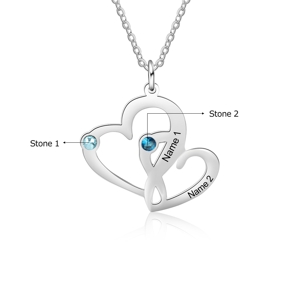Personalised Heart Necklace With 2 Birthstones Engraved Names Gift For Her-Jessemade AU