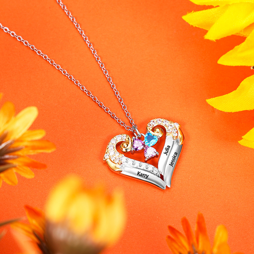 Personalised Heart Wings Necklace With 2 Birthstones Engraved Names Best Gift For Her-Jessemade AU