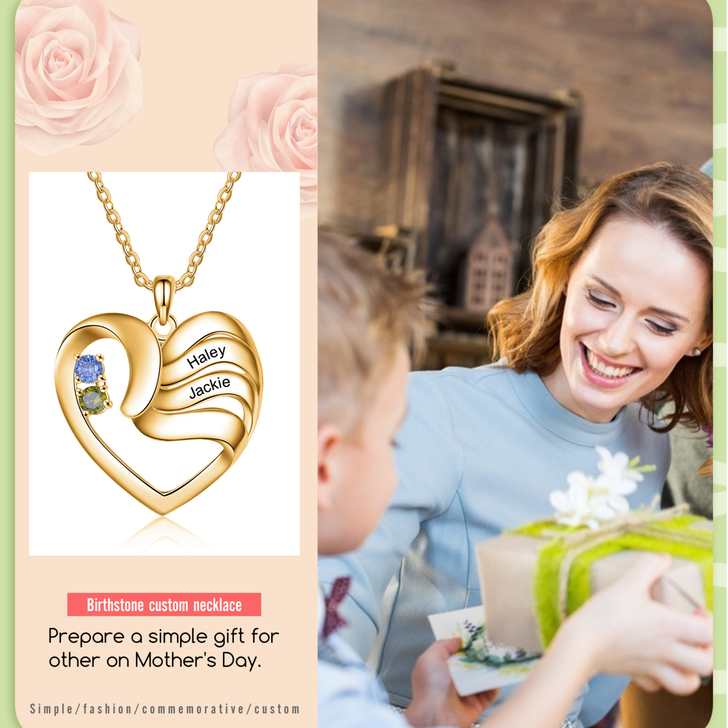 Personalised Heart Necklace With 2 Birthstones Engraved Names Family Necklace Gifts for Her-Jessemade AU