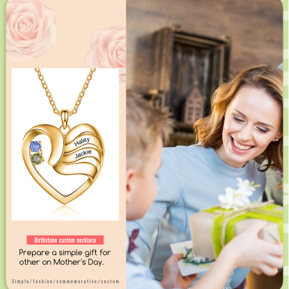 Personalised Heart Necklace With 2 Birthstones Engraved Names Family Necklace Gifts for Her-Jessemade AU