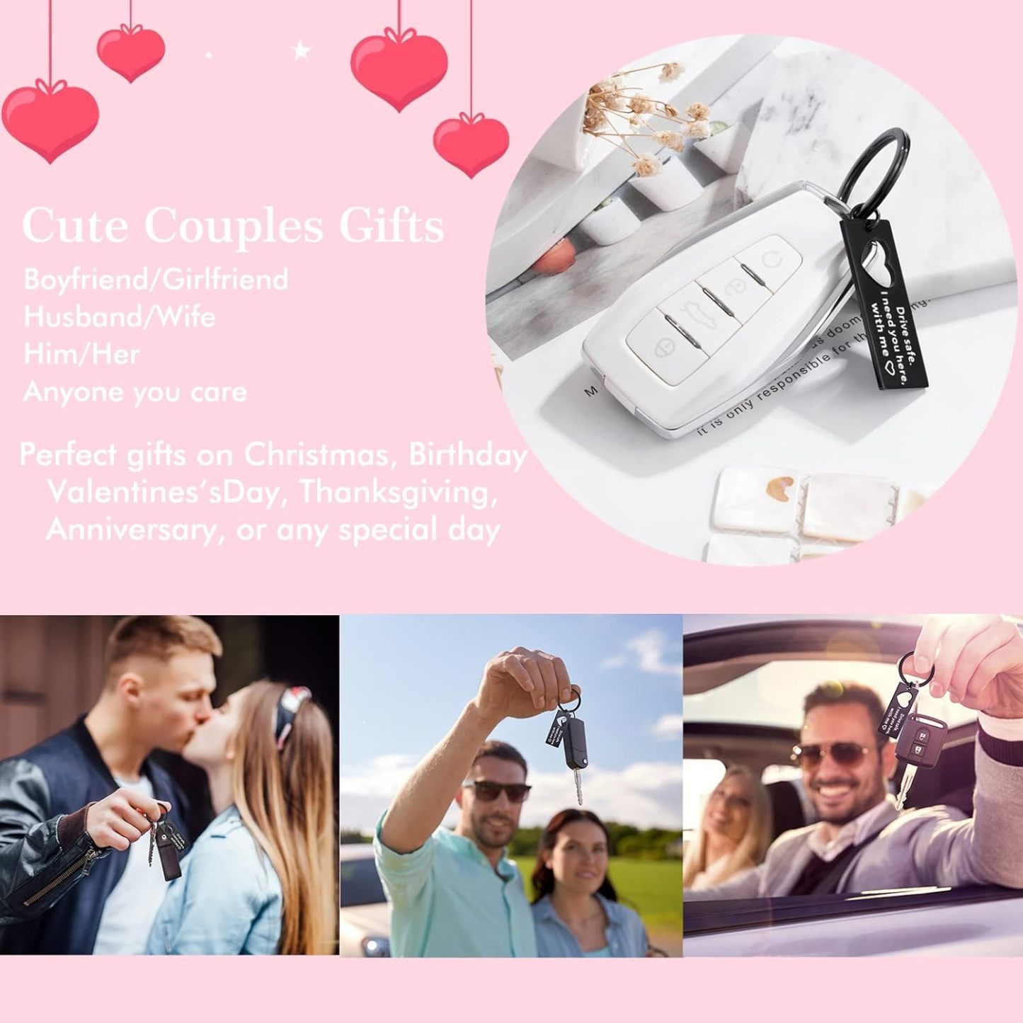 Matching Keychain Bracelet Set Heart Keychain Adjustable Bracelet with Message Card Gifts for Couple - Drive Safe I Need You Here With Me-Jessemade AU