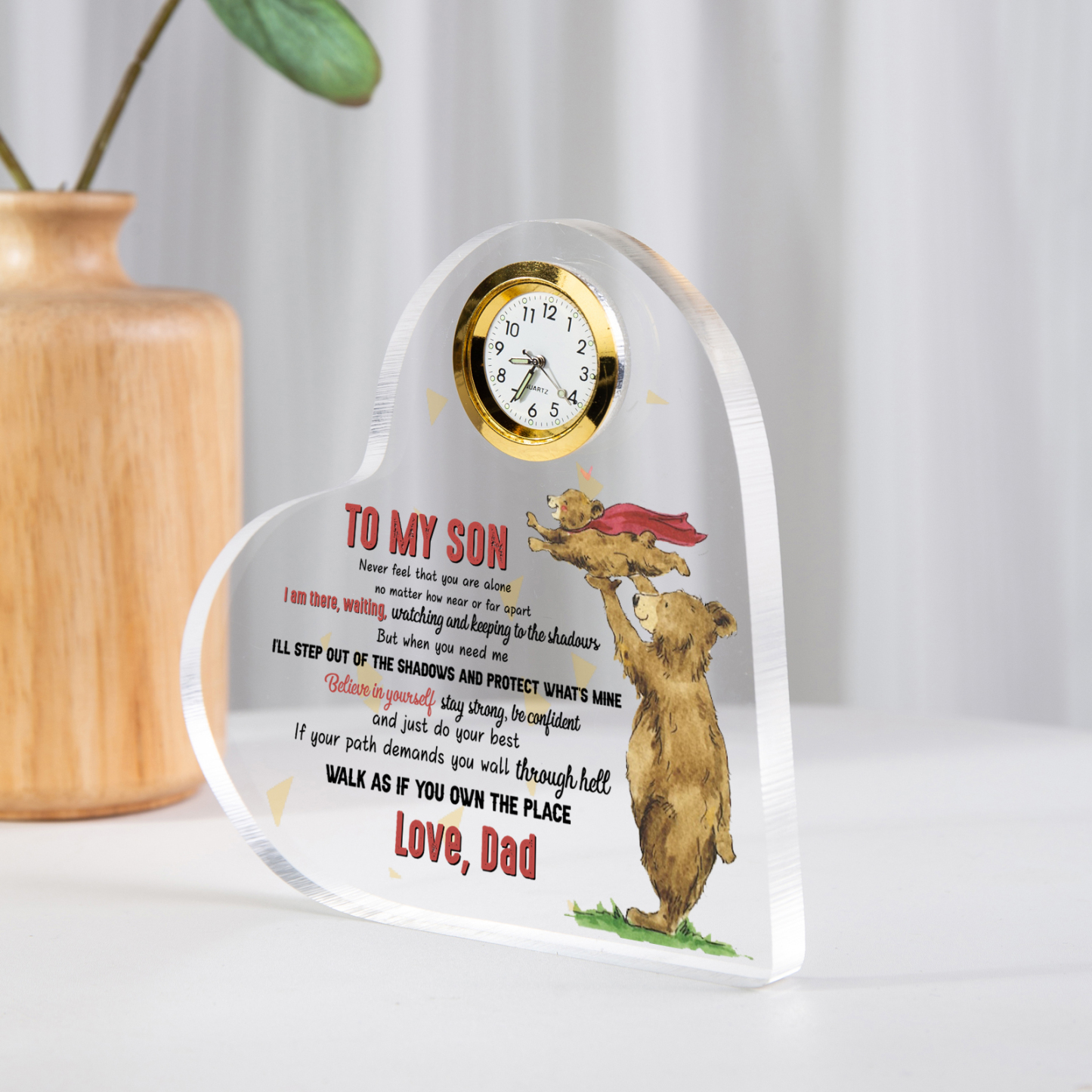To My Son From Dad Acrylic Heart Clock Keepsake Heart Sign - Never feel that you are alone-Jessemade AU