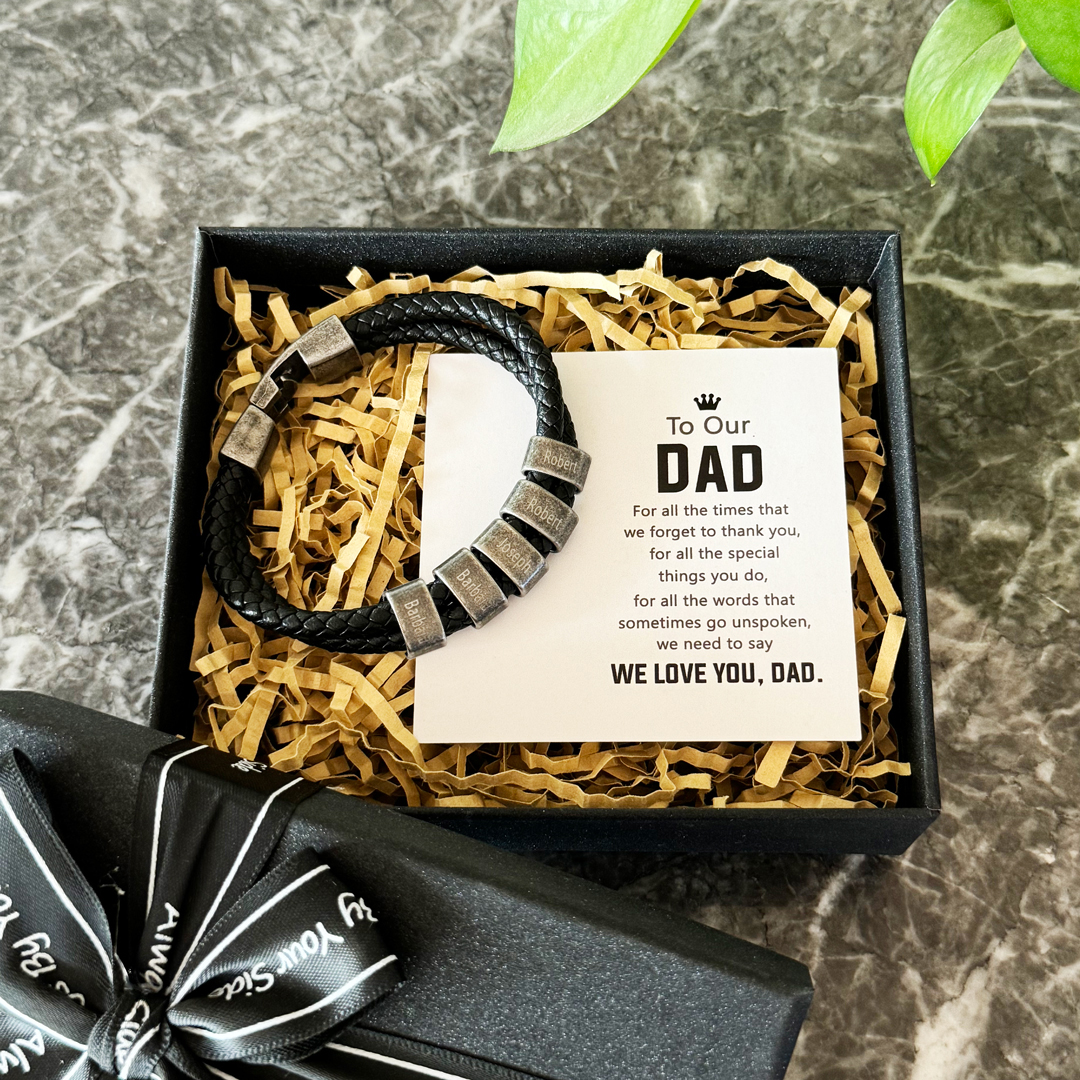 Personalised Men Leather Bracelet with 5 Names Beaded Wrap Vintage Bracelet for Dad-Jessemade AU