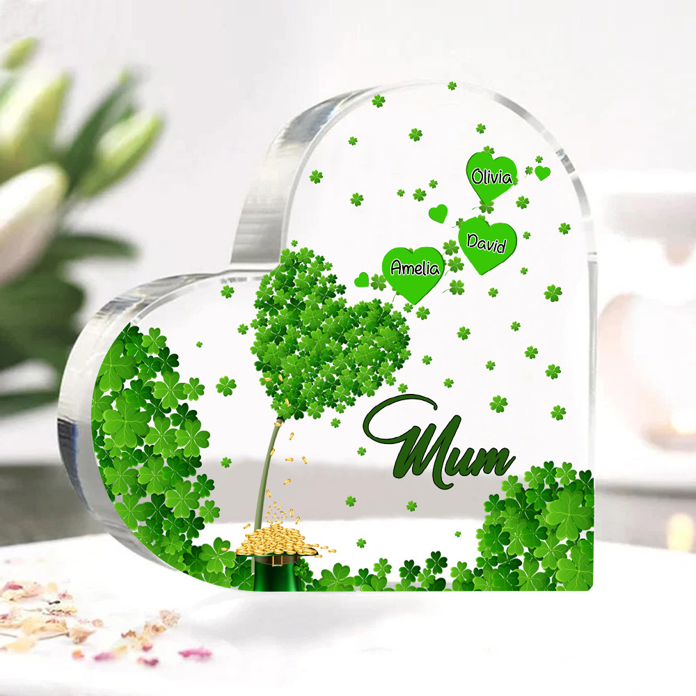 3 Names - Personalised Acrylic Heart Keepsake Custom Text Four-Leaf Clover Ornament Gift for Mother/Grandma-Jessemade AU