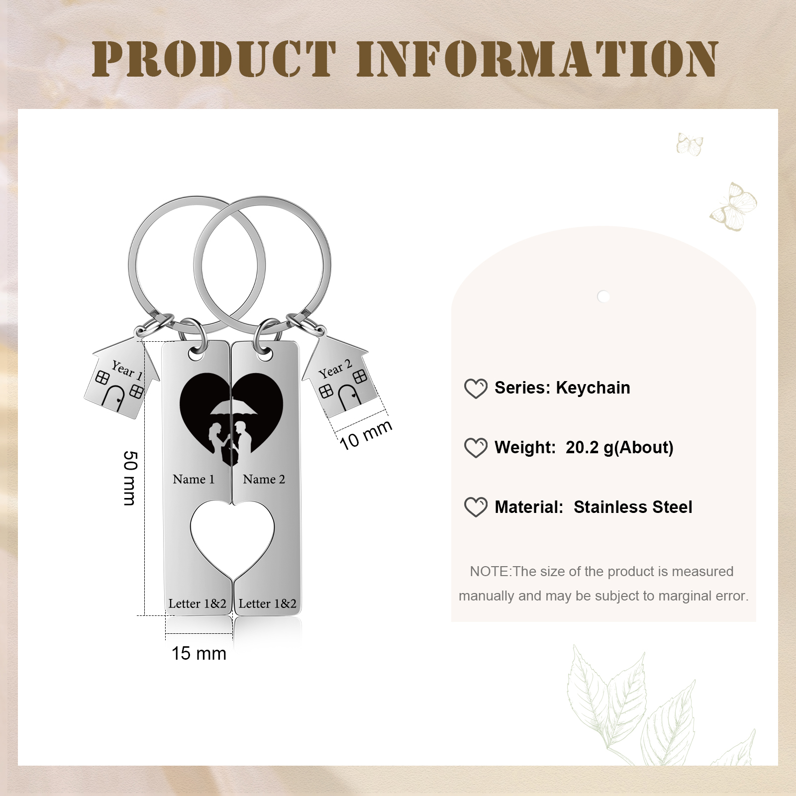 Personalised Couple Keychain Custom 2 Names & Letters & Years Metal Keyring Heart Matching Keychains for Couples-Jessemade AU