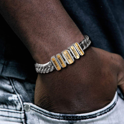 Personalised Mens Cuban Link Chain Bracelet Engraved Name 1 Bead Father's Day Gift