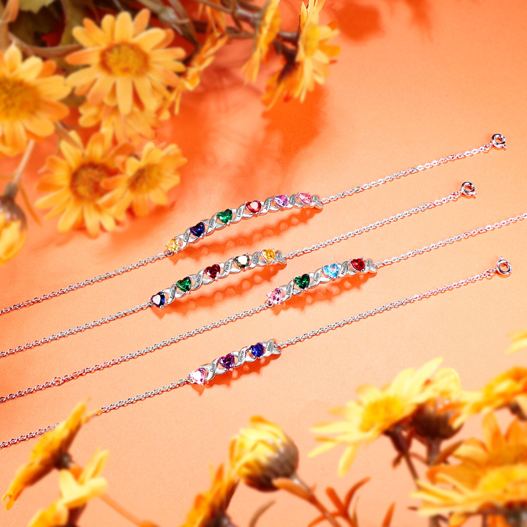 Personalised Bracelet With 6 Heart Birthstones Engraved Names Bracelet Gift For Women-Jessemade AU