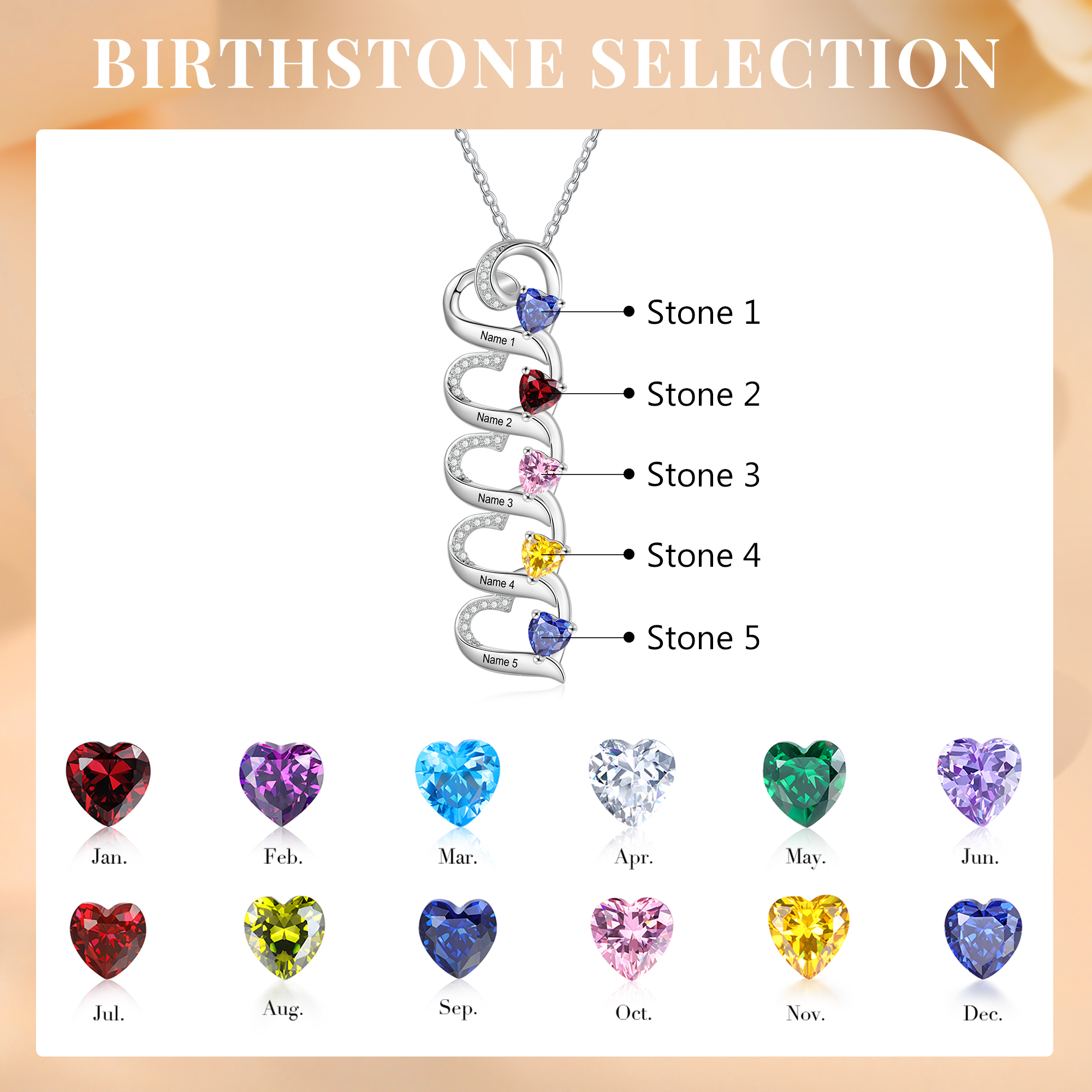 Personalised Heart Pendant Necklace Custom 5 Birthstones & 5 Names Necklace Gifts for Her-Jessemade AU