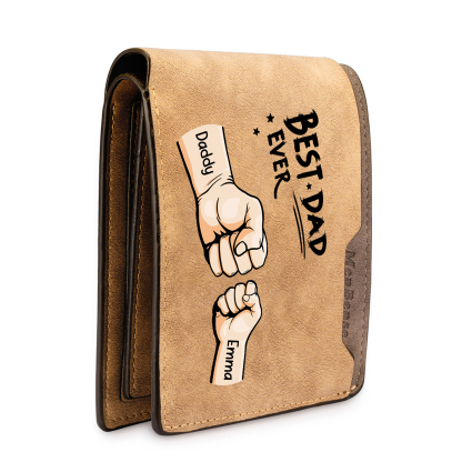 Best Dad Ever - Custom 2 Names & 1 Text Billfold Wallet Personalised Fist Bump Men's Leather Wallet