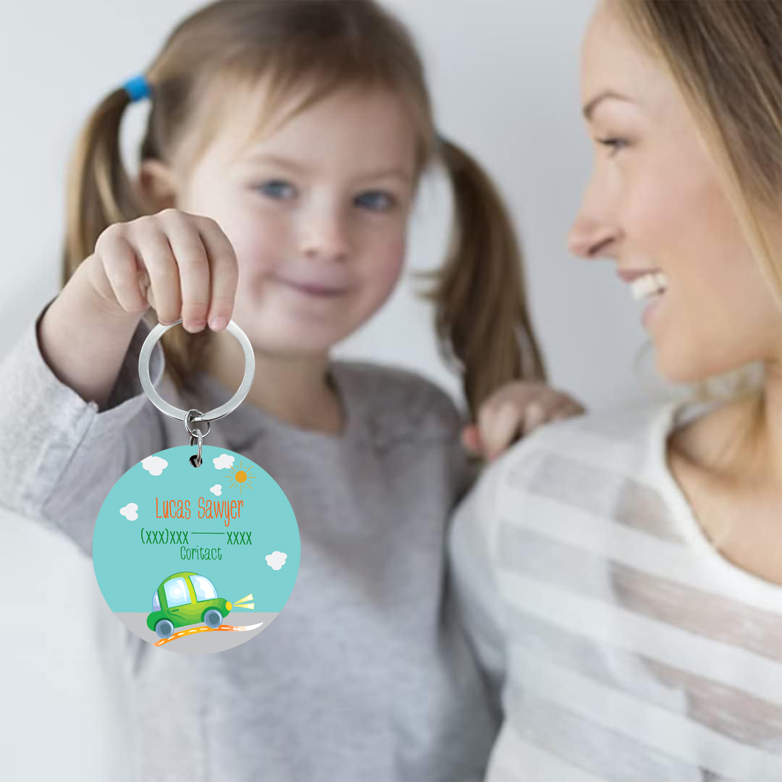 Customised Name and Phone Number Keychain Green Car Back-to-School Gift for Kids-Jessemade AU