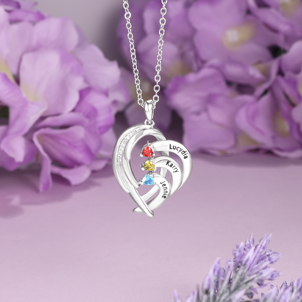 Personalised Heart Wings Necklace With 3 Birthstones Custom Names Necklace Gift For Her-Jessemade AU