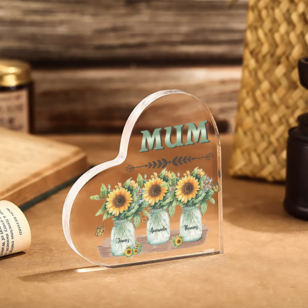 Personalised Acrylic Heart Keepsake Custom 3 Names & 1 Text Sunflower Vase Ornament Gifts for Mother/Grandma-Jessemade AU