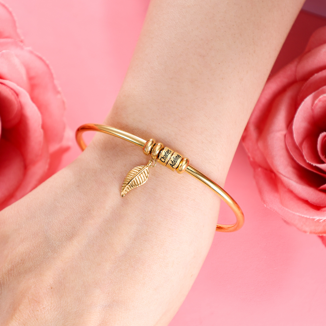 Women Bangle Bracelet with Leaf and Beads Engraved 1 Name Rose Gifts for Mother