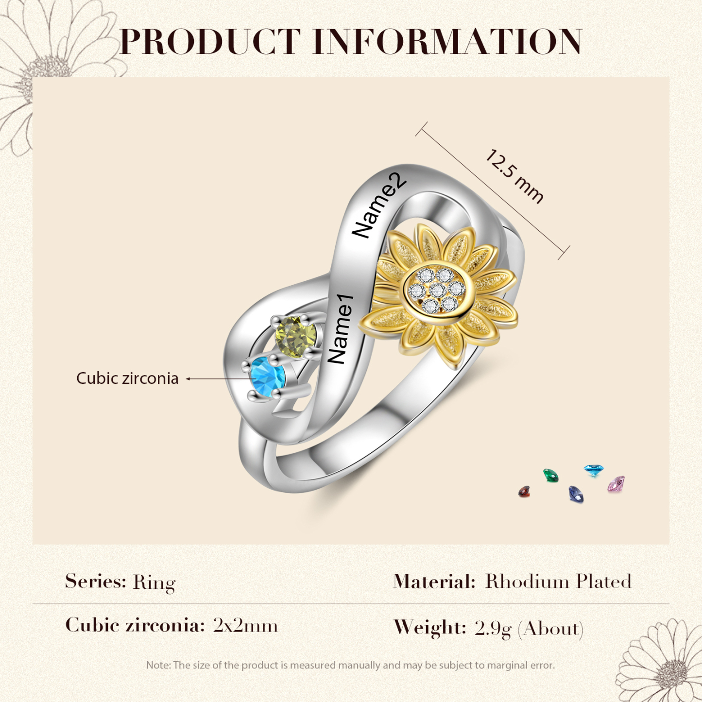 Personalised 2 Birthstones Sunflower Ring Engraved Names Infinity Ring Gifts For Her-Jessemade AU