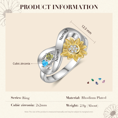 Personalised 2 Birthstones Sunflower Ring Engraved Names Infinity Ring Gifts For Her-Jessemade AU