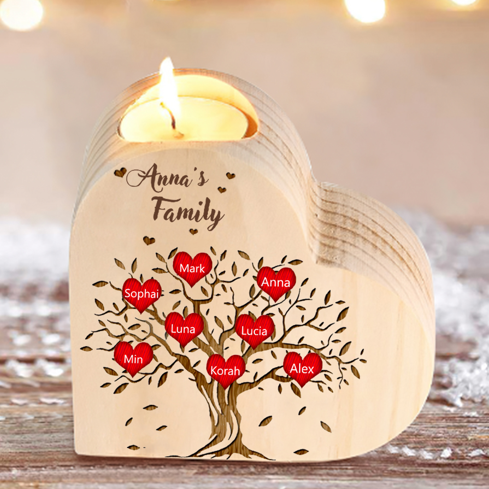 To My Family Wooden Heart Candle Holder Custom 8 Names Family Tree Candlesticks-Jessemade AU