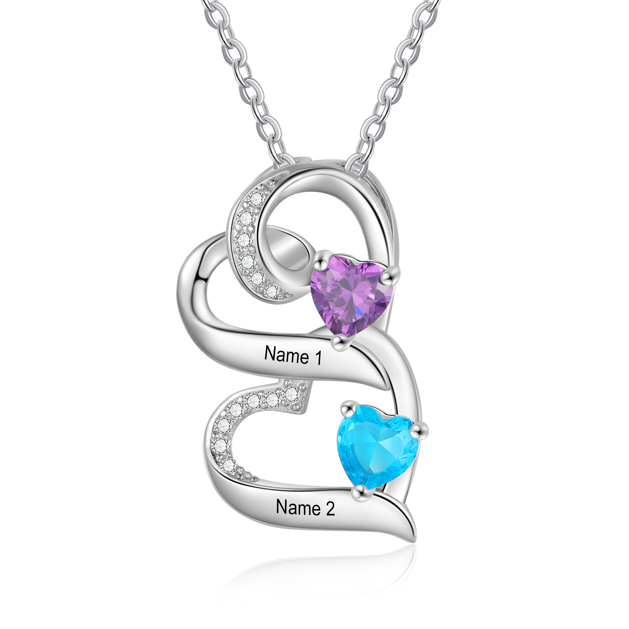 Personalised S925 Silver Double Heart Necklace Custom 2 Birthstones and Names Gift for Her