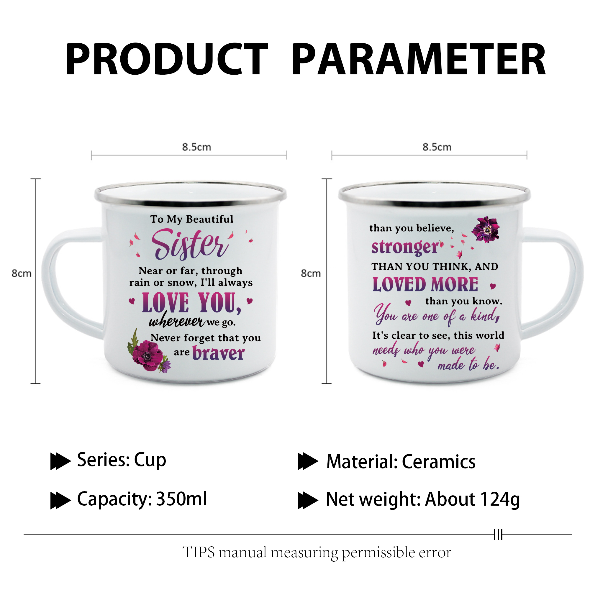 To My Beautiful Sister Mug Enamel Cup "Near Or Far, Through Rain Or Snow, I'll Always Love You" Gifts for Sisters/Friends-Jessemade AU